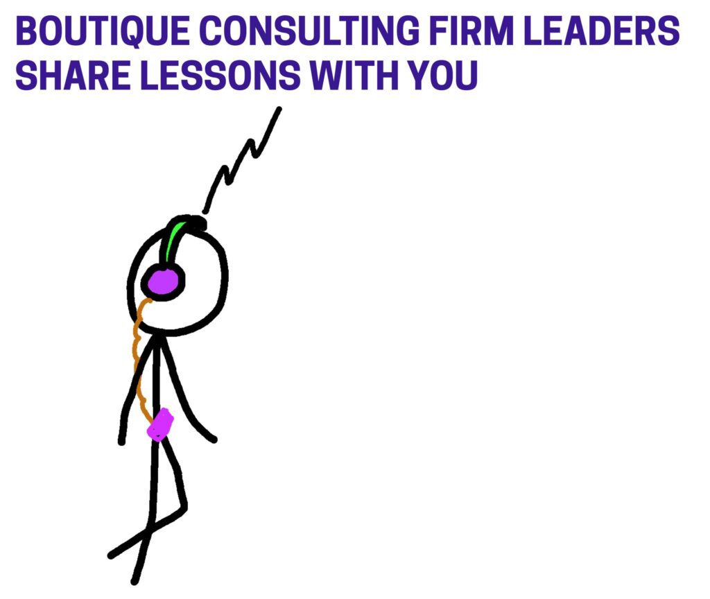 This is a stick figure drawing with a header from the main page of The CrackerJack Consulting Podcast, where David Fields, owner of David A Fields Consulting Group, and other boutique consulting firm leaders share lessons with you
